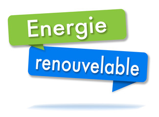 Renewable energy in colored speech bubbles and french language
