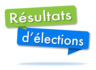 Election results in colored speech bubbles and french language
