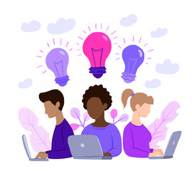 multinational team, online assistant at work. promotion in the network. manager at remote work, searching for new ideas solutions, working together on laptop in the company, brainstorming