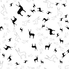 Seamless pattern with black silhouettes of deer on a white background.