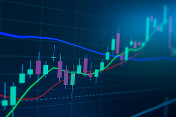Blue Stock Exchange Market trading graph on screen monitor for economic and financial investment. Business analysis chart display. Stock invest infomation.