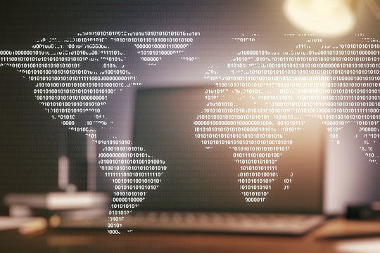 Double exposure of abstract digital world map on computer background, big data and blockchain concept