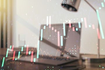 Multi exposure of abstract financial diagram on computer background, banking and accounting concept