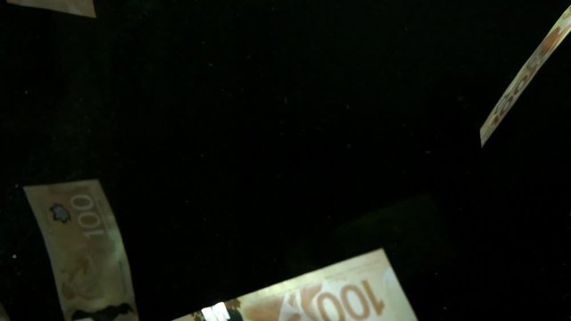 Falling flying american canadian dollar banknotes on a black background in 4K Loopable. High quality falling Dollar banknotes in 4K. Video is Loopable