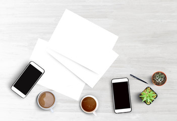 Top view business office smart phone coffee work spec,work for home concept