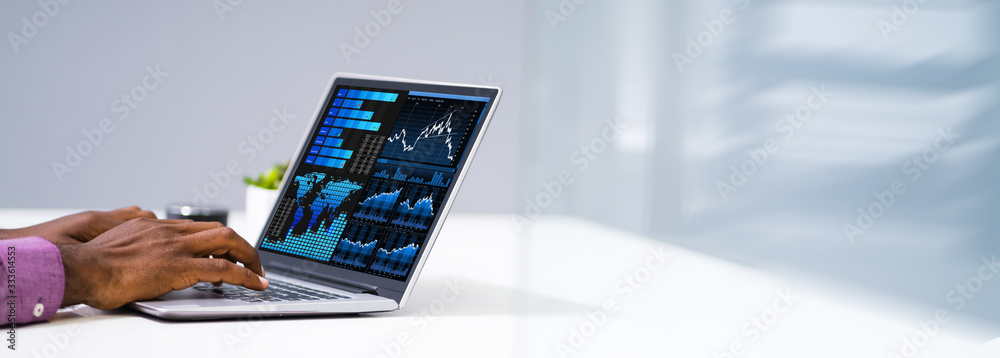 Poster Man Analyzing Graph On Laptop