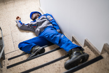 Handyman Lying On Staircase