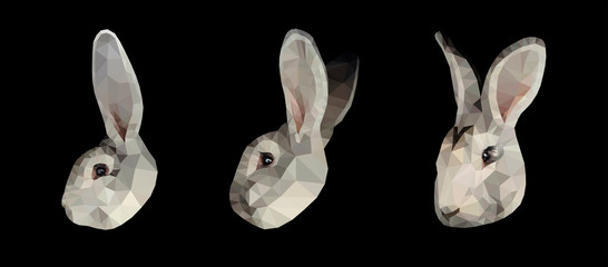 Grey bunny face set low poly triangular vector illustration isolated on black. Polygonal style trendy modern logo business fairy design template for 
easter invitations and greetings.