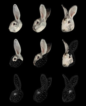 Light grey rabbit bunny face set low poly triangular vector illustration isolated on black. Polygonal style trendy modern logo business fairy design template for easter invitations and greetings.