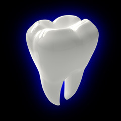Molar tooth with roots on a dark background with a blue glow