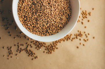 Buckwheat crepe in a white ceramic bowl, shot from above closeup