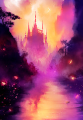 Fototapeta na wymiar A beautiful fairytale landscape in pink shades, with a river in the foreground, and a huge tall castle in the distance, with many towers, it is shrouded in fog, we see a crescent moon in the sky. 2d