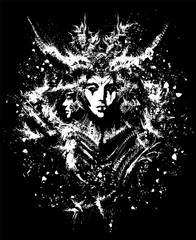 An ominous carnival mask with horns and many small details, her eyes are empty and black like an abyss. On the sides of this mask are another 2 female masks. 2d