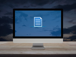 Document flat icon on desktop modern computer monitor screen on wooden table over sunset sky, Business communication online concept