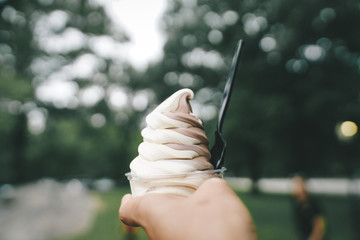 Hand holding a cup of two tone soft serve ice cream