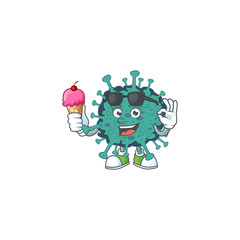 cartoon character of critical coronavirus enjoying an ice cream