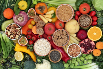 High fibre health food collection with immune boosting antioxidants, omega 3,  vitamins & protein with low gi. Health food concept to lower high blood pressure, cholesterol & optimise a healthy heart.