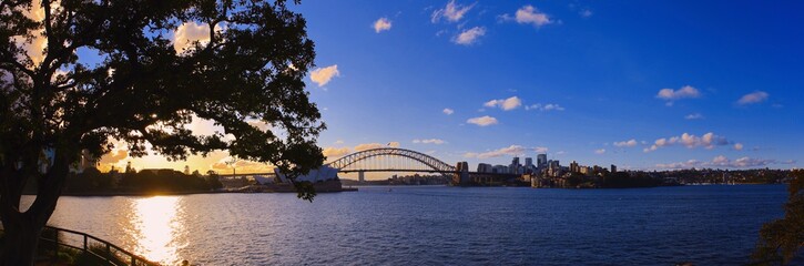 Panorama View of Sydney Harbour bridge with blue and orange skies illuminating Sydney Harbour nsw australia view Luna park and opera house 