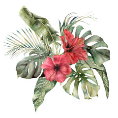 Watercolor tropic bouquet with hibiscus and palm leaves. Hand painted card with flowers and plant isolated on white background. Floral illustration for design, print, background. Template for holiday. - obrazy, fototapety, plakaty