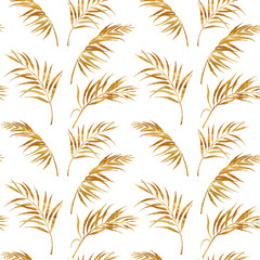 Watercolor tropical seamless pattern with coconut leaves. Hand painted exotic golden leaves isolated on white background. Floral spring illustration for design, print, fabric or background.