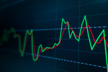 Stock market trading graph and candlestick chart on screen monitor for financial investment and economic concept.