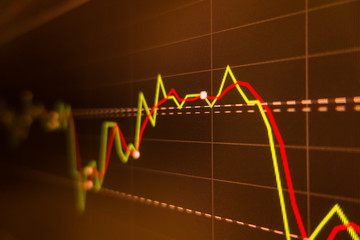 Stock market trading graph and candlestick chart on screen monitor for financial investment and economic concept.