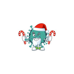 Friendly critical coronavirus in Santa Cartoon character with candies