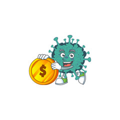 mascot cartoon character style of critical coronavirus showing one finger gesture
