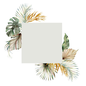 Watercolor tropical frame with green and gold palm leaves. Hand painted exotic coconut, banana and monstera leaves isolated on white background. Floral illustration for design, print, background.