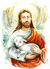 calm jesus messiah with the lamb and resurrection with nature background - illustration