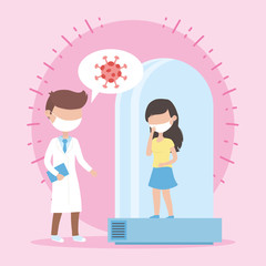 covid 19 coronavirus pandemic, doctor and patient with mask diagnostic
