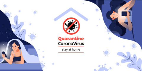 I Stay at Home Stay Safe. Working from home. Online communication Girlfriends via the Internet For Prevent Virus Covid-19. Stay Home on Quarantine During the Coronavirus Epidemic.Vector Illustration.