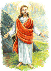 calm jesus messiah raising palm of hand in the background - illustration