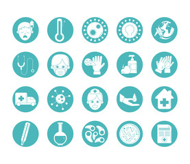 virus covid 19 pandemic respiratory illness icons set line style