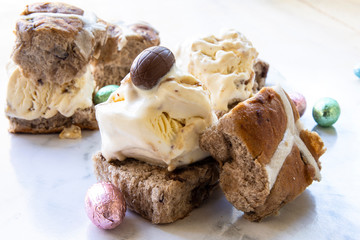 Hot cross buns ice cream bun sandwiches with easter eggs