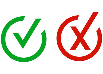 Check mark icon set. Gree tick and red cross flat simbol. Check ok, YES or no, X marks for vote