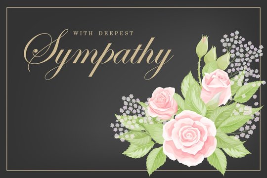 Pink rose bouquet on black background vector sympathy template