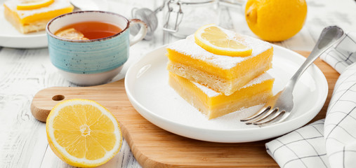 Lemon bar dessert with powdered sugar and lemon slices
