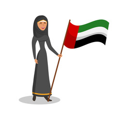 Arabic Woman with UAE Flag Flat Color Illustration. Muslim Girl in Abaya and Hijab Cartoon Character. Happy Girl in Traditional Outfit Holding National Colors. Travel to Middle East, Asia
