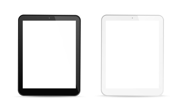 Tablet computer gadgets. White blank screen display. Realistic black digital device mockup. Equipment vector concept on transparent background