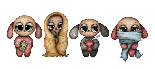 A watercolor set of four funny characters