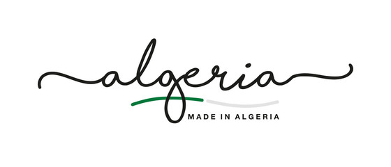 Made in Algeria handwritten calligraphic lettering logo sticker flag ribbon banner - obrazy, fototapety, plakaty