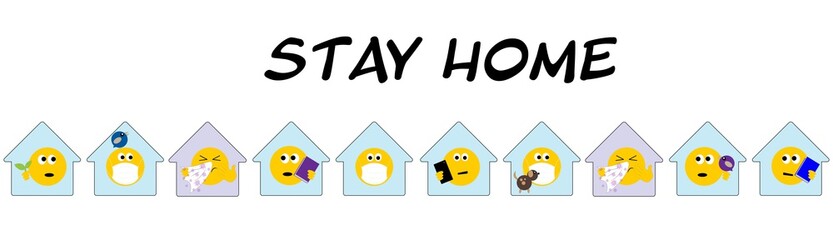 group of houses with emojis staying home, Stay Home text, Coronavirus, covid19, youth concept