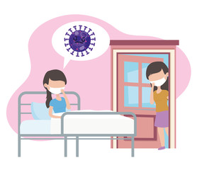 covid 19 coronavirus pandemic, sick woman in bed with medical mask
