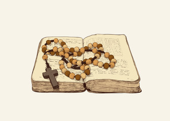 .Rosary and the old prayer book. Hand-drawn vintage drawing . Catholic tradition. Color vector sketch. Isolated object .