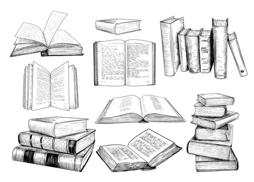 .A collection of  books sketches .Various books in vintage style. Hand-drawn vector design elements. Clipart.