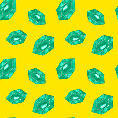 Naklejka premium Seamless watercolor pattern green crystals on yellow background