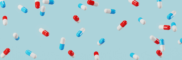 Background for health and pharmaceutical industry concept. Capsule pills on blue background. 3d rendering illustration.
