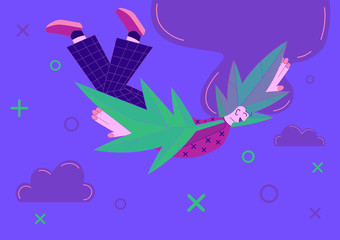 Flying girl with marijuana leaves as wings. Cannabis smoking concept. Flat style vector illustration in trendy colors with a copy space on the top. Clouds on the background. Design element for web.