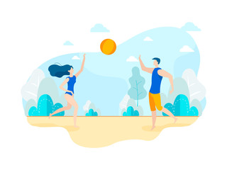 Modern Happy Young People Play Volleyball on Beach Summer Season. Friends Man and Woman Jumping Throw Up Ball under Sand. Female Character in Swimsuit. Active Pastime, Enjoy Game, Sport and Fitness.